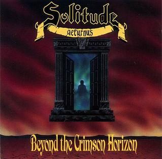 Album cover of Beyond the Crimson Horizon: a hooded figure standing in a glowing stone doorway above a blood-red cloudscape, under the gold Solitude Aeturnus logo