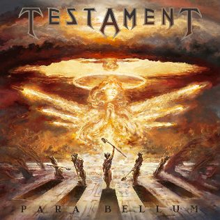 Para Bellum album cover: a glowing winged figure rising from a mushroom-cloud explosion above rows of small figures holding up tools