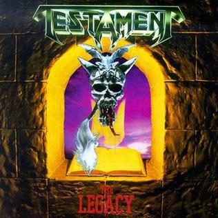 The Legacy album cover: a horned demon skull with a forked tongue hovering over an open book in a glowing stone archway, under a green Testament logo