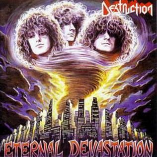 Album cover of Destruction’s Eternal Devastation: the three band members’ faces painted into a storm cloud, a tornado tearing through a city skyline below