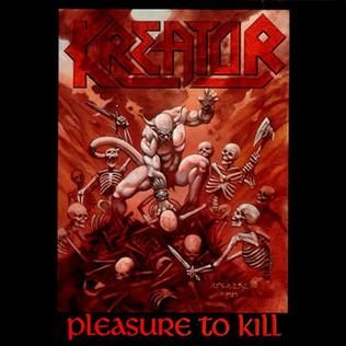 Album cover of Kreator’s Pleasure to Kill: a horned demon swinging a weapon above a pile of skeletons in a red haze, the Kreator logo above