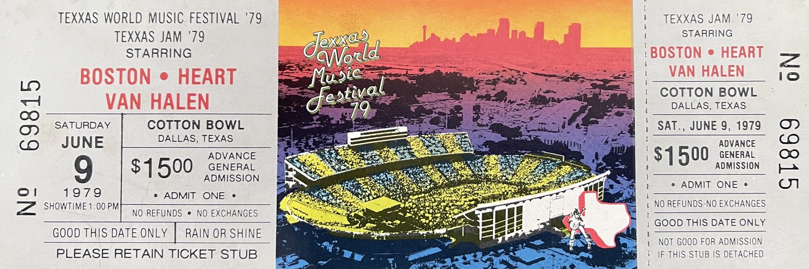 Unused ticket for Texxas Jam '79 at the Cotton Bowl, Dallas, Saturday June 9, 1979, starring Boston, Heart and Van Halen, $15.00 advance general admission, with an illustration of the packed stadium