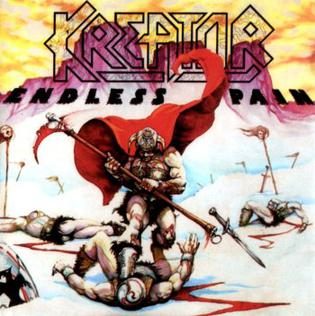 The Endless Pain album cover: the pointed, outlined Kreator logo across a yellow sky above a red-caped warrior with a scythe standing over fallen bodies in the snow