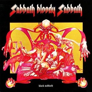 The Sabbath Bloody Sabbath album cover: the title in sharp red pointed lettering across the top above Drew Struzan's drawing of a dying man in a bed surrounded by demons, with a skull and the number 666 above
