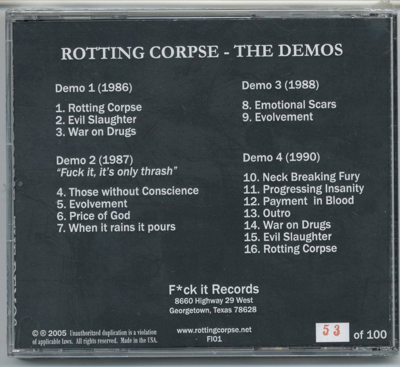 Back cover of the Rotting Corpse CD The Demos, listing Demo 1 (1986), Demo 2 (1987), Demo 3 (1988) and Demo 4 (1990) with their track titles, numbered 53 of 100