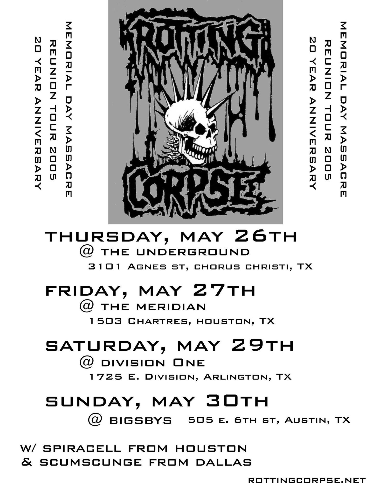Black-and-white Rotting Corpse flyer with a spiked skull logo, headed Memorial Day Massacre Reunion Tour 2005, 20 Year Anniversary, listing four shows from May 26th to 30th