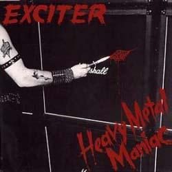 Heavy Metal Maniac cover: a tattooed arm in a studded wristband slashing a knife across the grille of a black Marshall speaker cabinet, under the red Exciter logo, with the title scrawled in red