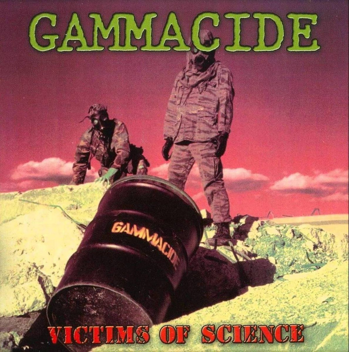 Cover of Gammacide's Victims of Science, a gas-masked skull over a toxic-waste scene