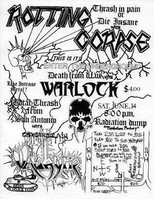 Hand-drawn flyer for Rotting Corpse with Warlock and Valkyrie at the Radiation Dump, Saturday June 14