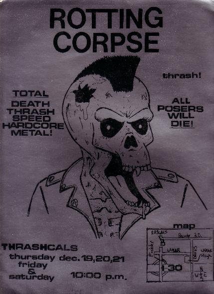 Hand-drawn flyer for Rotting Corpse at Rascals, Thursday, Friday and Saturday, December 19th to 21st