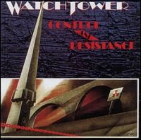 Control and Resistance album cover: a tall grey concrete spire and a curved modernist building under a blood-red sky, with the Watch Tower logo