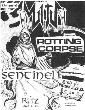 Hand-drawn black and white flyer with a hooded skeleton, billing Militia, Rotting Corpse from Dallas and Sentinel at the Ritz, 320 E 6th, for five dollars