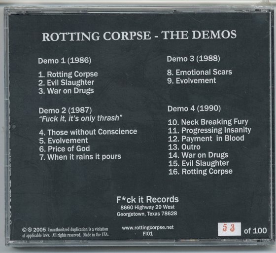 The back of The Demos — all four tapes, sixteen tracks, hand-numbered to 100.