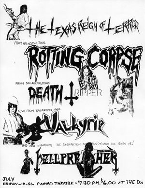 "The Texas Reign of Terror" — Rotting Corpse, Death Tripper, Valkyrie and Hellpreacher at the Cameo Theatre, San Antonio.